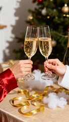 Two people toasting with champagne glasses at a holiday party. Vertical photo of a festive celebration with a Christmas tree in the background. Christmas and New Year's Eve concept