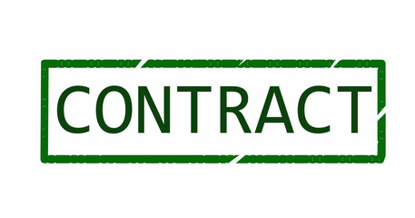 Green contract stamp text in rectangular frame with grunge texture, vector illustration isolated on white background for legal, business, or agreement concepts.