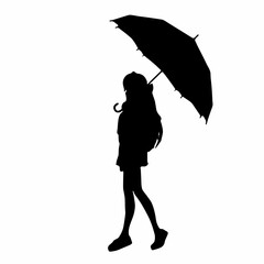 Silhouette of a woman walking with umbrella, minimalist black vector illustration isolated on white background for weather, lifestyle, or fashion concepts.