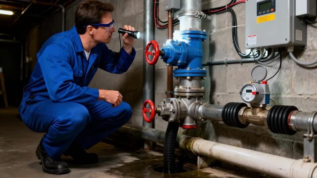 Professional checking backflow prevention equipment for leaks in a buildings water system to maintain sanitary standards.