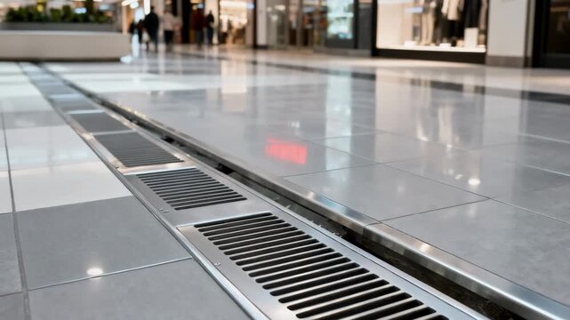 Medium shot of underground air vents seamlessly integrated into a mall floor showing efficient and hidden air distribution systems.
