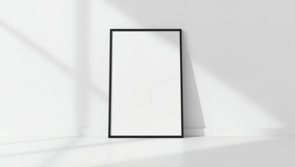 Blank wooden picture frame leaning on white wall