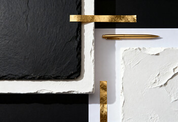 Abstract flat lay with black slate, white plaster, and gold accents. Modern geometric composition with contrasting textures. Luxury business and design concept