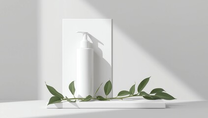 Blank plastic cosmetics container for cream or shampoo. Cosmetics bottle mockup with tropical leaves. Beauty product design, skincare and haircare concept