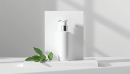 Blank plastic cosmetics container for cream or shampoo. Cosmetics bottle mockup with tropical leaves. Beauty product design, skincare and haircare concept