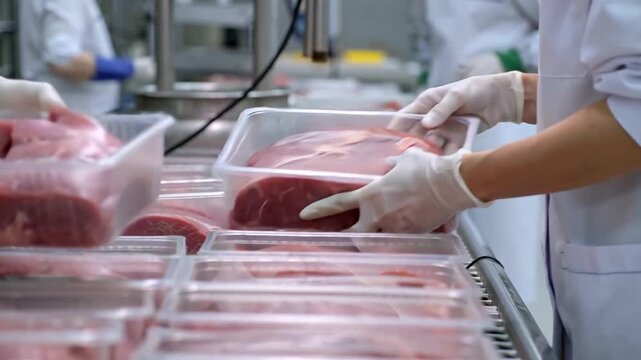 A worker's hands wearing rubber gloves at a meat processing plant pack raw meat into a container at the factory