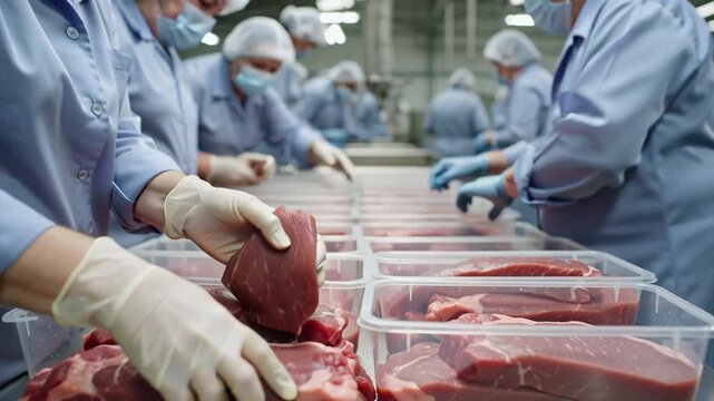 A worker's hands wearing rubber gloves at a meat processing plant pack raw meat into a container at the factory