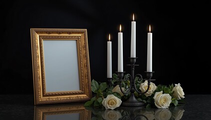 Blank funeral frame, candles and flowers on table against black background