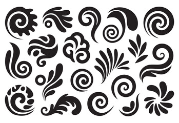 Collection of Abstract Black Swirl and Wave Designs in Modern Artistic Style on White Background