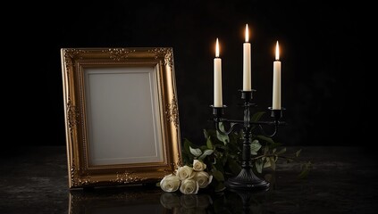 Blank funeral frame, candles and flowers on table against black background
