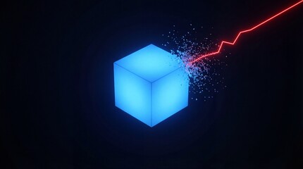 Glowing blue cube disrupted by red data line representing digital breach and system impact
