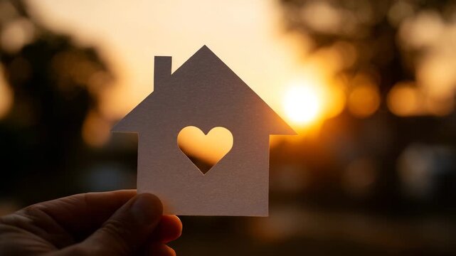 Hand holding a paper house cutout with a heart shape, showcasing a warm sunset backdrop, illustrating love for home and family in a serene outdoor setting