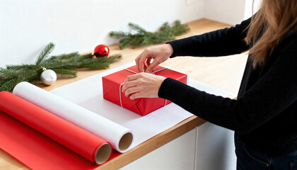Woman's hands wrapping a red Christmas gift box with string. Holiday preparation and festive season concept