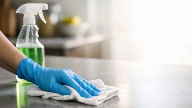 Hand in blue glove wipes a clean surface with a cloth while a spray bottle with green liquid is positioned nearby showcasing the cleaning process in action
