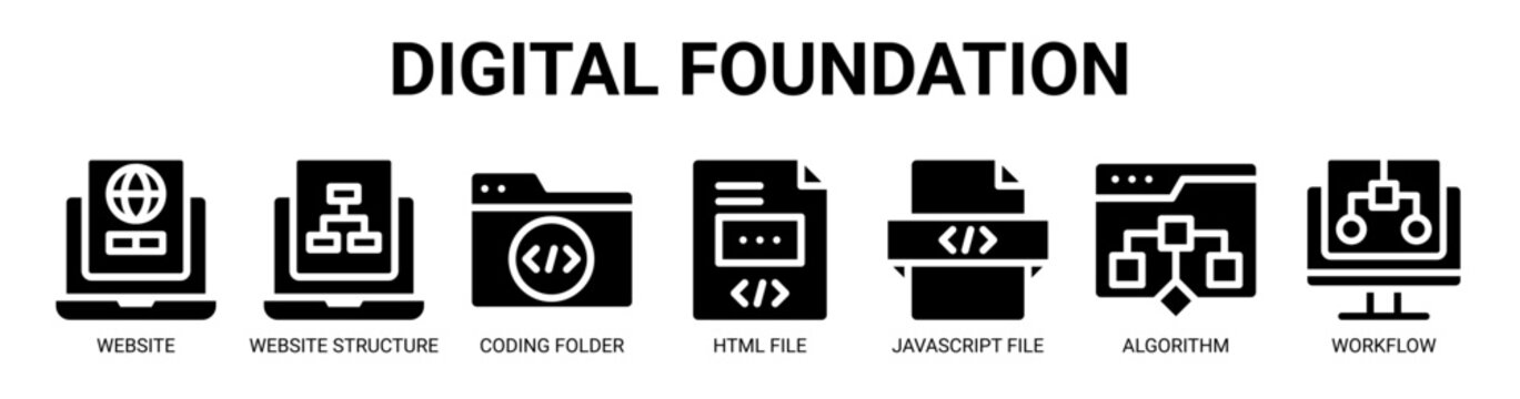 Digital Foundation web banner icon vector illustration concept with icon of website, website structure, coding folder, html file, javascript file, algorithm, and workflow.