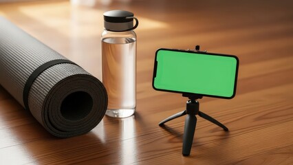 Phone on tripod with yoga mat and water bottle for chroma key green screen