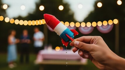 Hand holding melting patriotic popsicle at summer 4th of July party