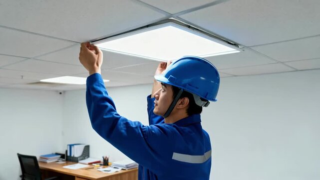 Medium shot of a technician installing energyefficient LED panels in an office ceiling improving indoor visibility and reducing power consumption.