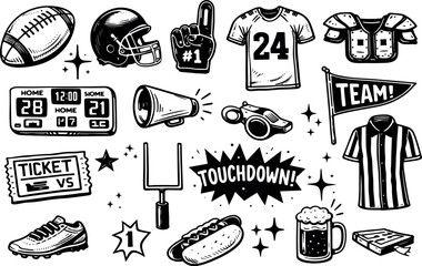 Obraz premium Hand drawn American football equipment and game elements set in doodle sketch style. Collection includes helmet, ball, jersey, gloves, goal posts and fan symbols isolated on white background.