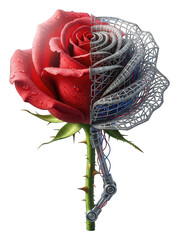 Cyborg rose with mechanical half and organic petals, isolated, transparent