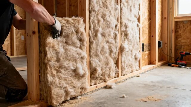 Medium shot of a worker fitting thick acoustic batts between wall studs to improve soundproofing in a home recording studio environment.