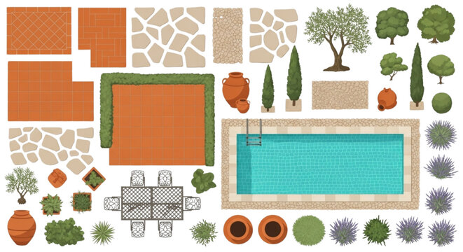 Flat Vector Top View Mediterranean Garden Set Featuring Pool, Terracotta Paving, and Olive Trees