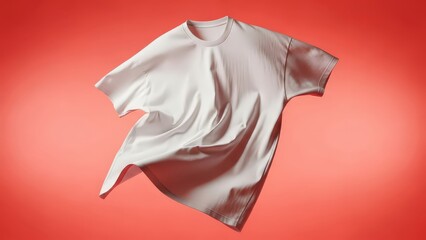 Oversized white t-shirt floating in vibrant coral studio mockup