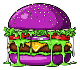 Surreal purple burger with green slime dripping, isolated transparent pop art food illustration
