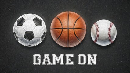 Three sports balls drawn in chalk with 'Game On' text
