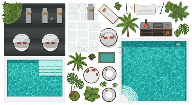 Flat Vector Top View Tropical Resort Landscape Set Featuring Pool, Teak Decking, and Palm Trees