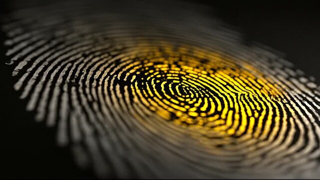 Close up of fingerprint pattern with highlighted ridges on dark background