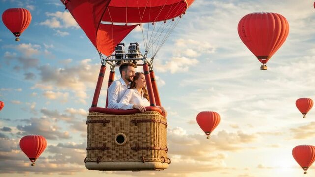 Happy couple riding in a hot air balloon at sunset. Woman pointing at the view during a romantic flight with many red balloons in the sky. Travel and adventure concept
