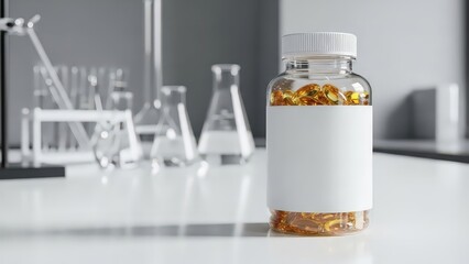 Golden supplement bottle with amber capsules on clean lab counter