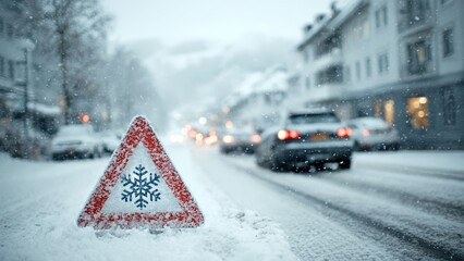 A snow hazard warning sign stands in a snowy landscape, indicating caution for drivers in winter conditions