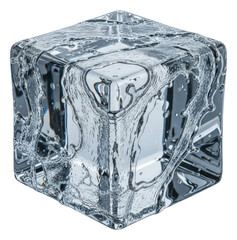 Frozen water cube with dynamic splash, isolated and transparent