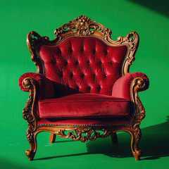 Vintage armchair with intricate design sits on green background in a studio setting