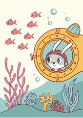 Fototapeta premium Cute Rabbit Submarine Underwater Adventure With Fish Cartoon Illustration For Childrens Books