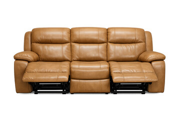 Comfortable tan leather three-seater recliner sofa with relaxing footrests extended, inviting home furniture