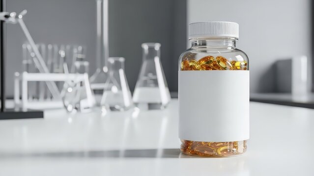 Golden supplement bottle with amber capsules on clean lab counter