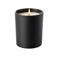 Black candle in matte container with flame, ideal for home decor and relaxation ambiance