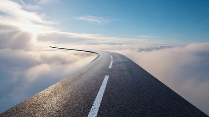 Minimalist cinematic highway stretching into the horizon above soft clouds, symbolizing future, journey, vision and progress. Clean composition with strong leading lines and copy space.
