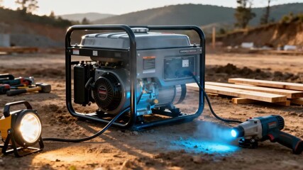 Medium shot of a portable emergency generator in use at a remote construction site illustrating its reliability for offgrid power support.