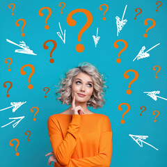 Woman thinks surrounded by question marks and symbols on blue background in indoor setting