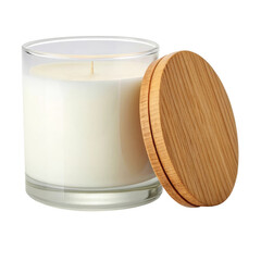 Glass candle jar with wooden lid, white wax, and minimalistic design for home decor
