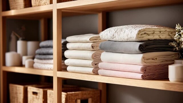 Medium shot of neatly folded linens stacked on wooden shelves showcasing organized textile storage in a cozy home setting.