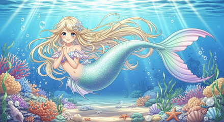 A cute anime mermaid with flowing long blonde hair gracefully explores a sunlit coral - Artwork for cute or children's stationery