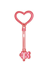 Heart shaped key. Hand drawn outline vector illustration in red and pink color. Love, romance, and Valentine's Day concept. Romantic design for greeting card, invitation, poster, banner, sticker