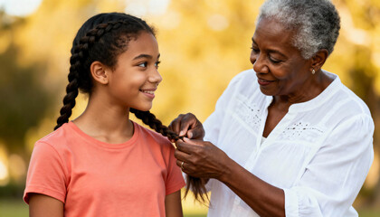 Loving black grandmother braiding her granddaughter's hair outdoors. Tender moment of family bonding and tradition between generations