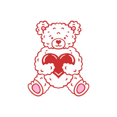 Teddy bear holding a red heart. Hand-drawn cute cartoon vector illustration with pink and red details. Valentine's Day and love gift concept. Design for greeting card, invitation, poster, banner.