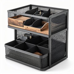 Industrial Style Black Metal Desk Organizer with Wooden Accents and Multiple Compartments for Office Supplies Storage on White Background